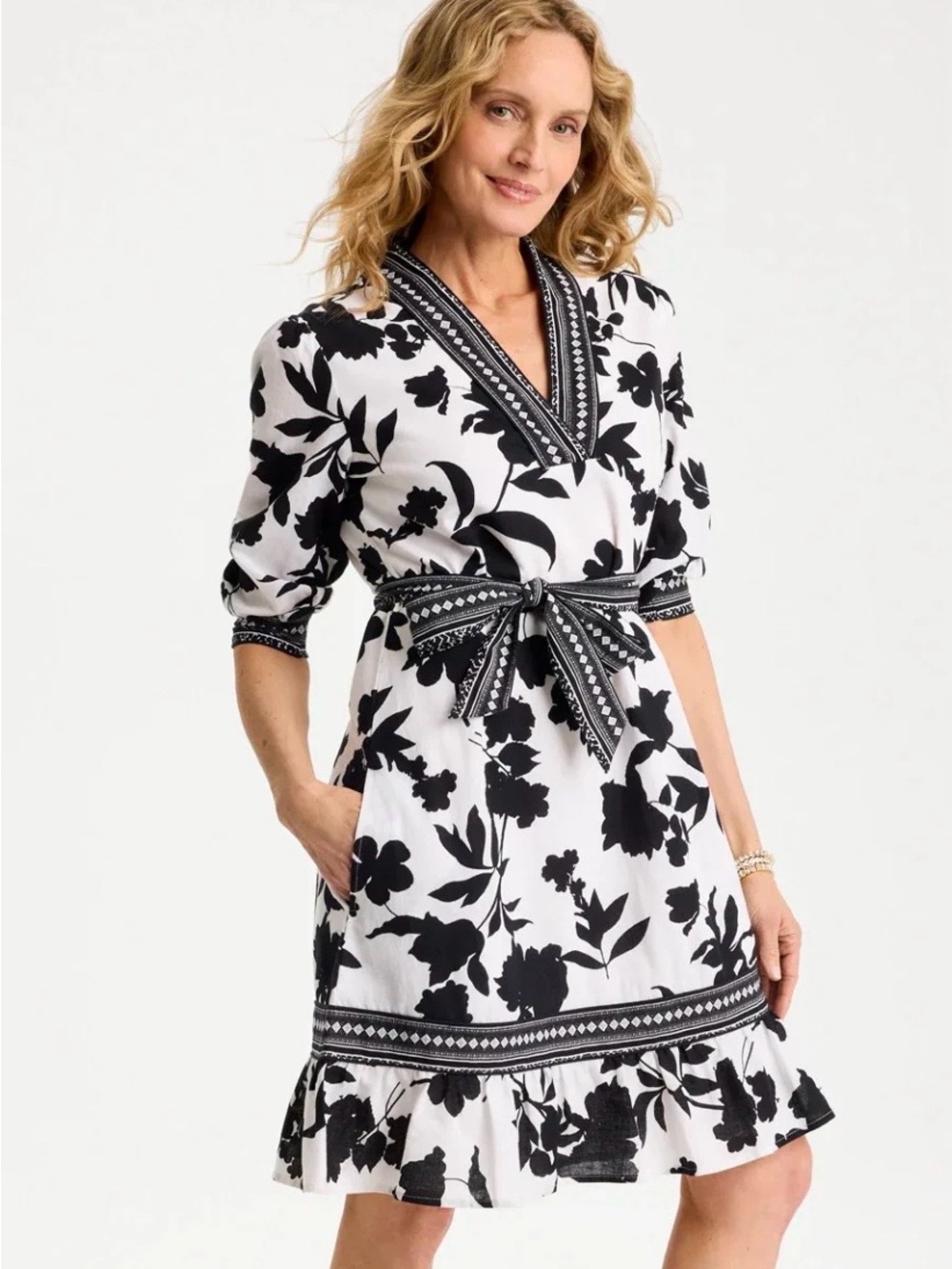 NWT Chico's Black & White Floral V-Neck Linen Blend Midi Dress Lined size 3.5 XL
